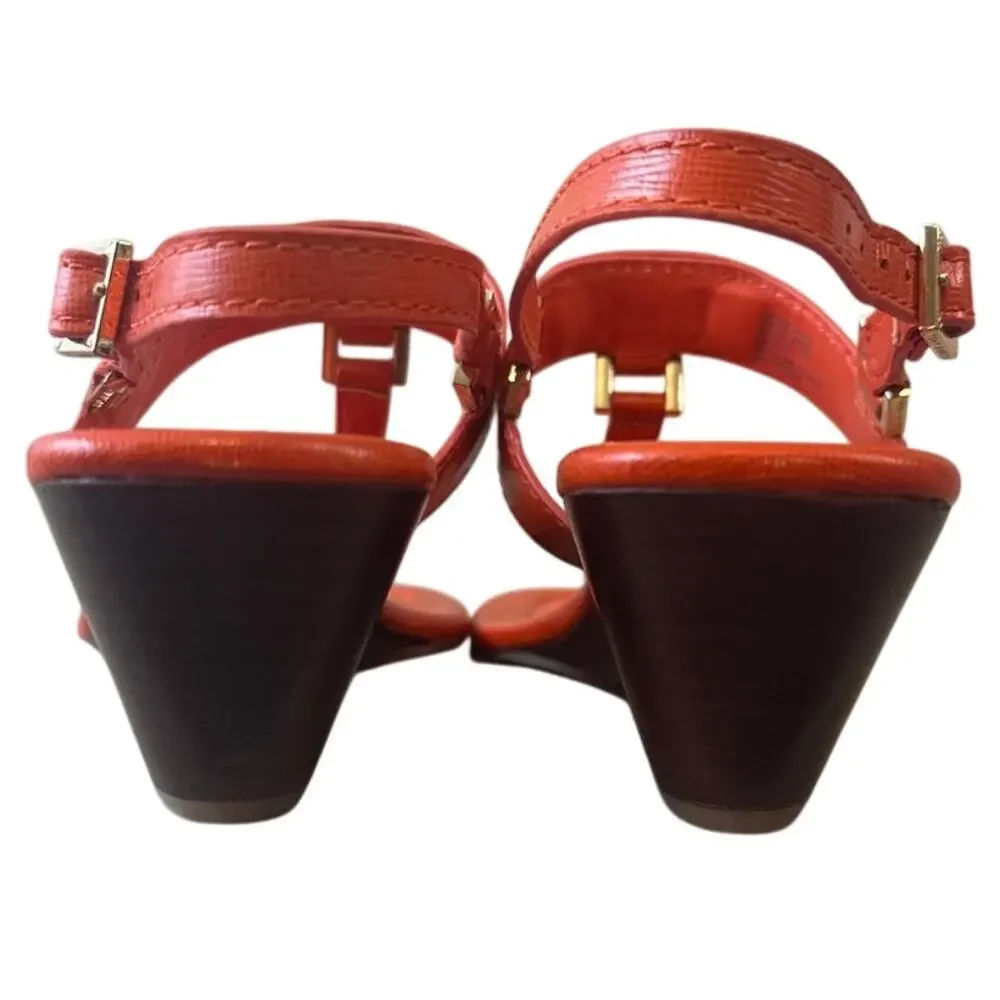 Tory Burch Robinson Demi‎ Wedge Orange T-Strap Sandals 8